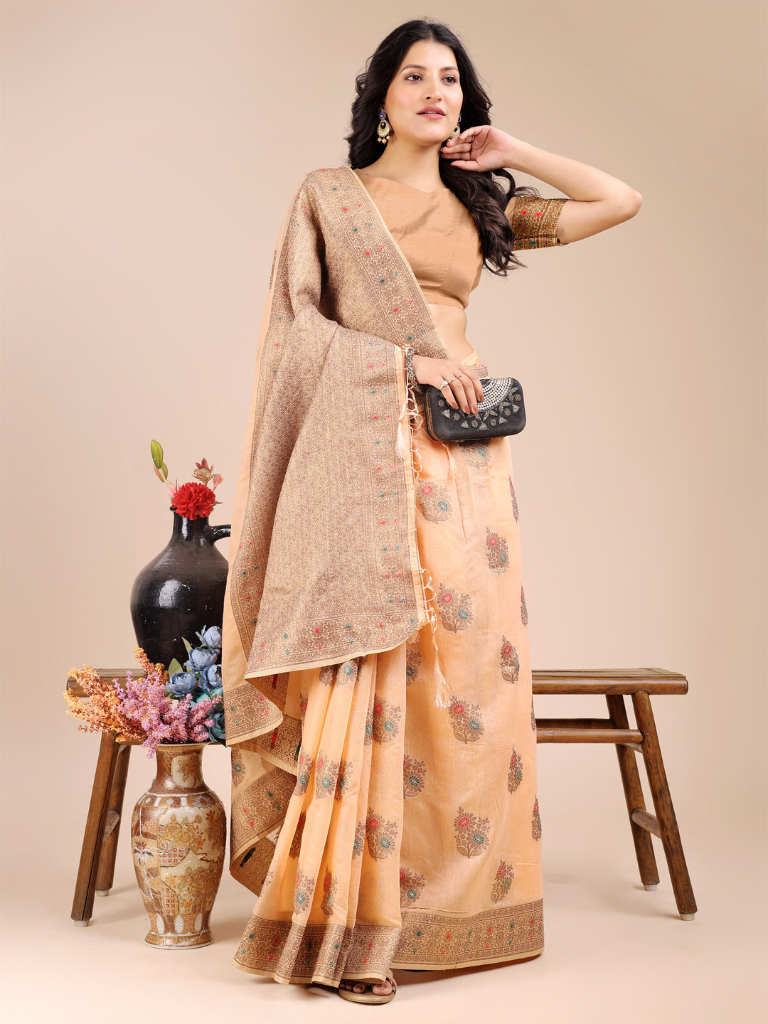 Astita Peach Cotton Woven Zari Work Traditional Tassel Saree - Distacart