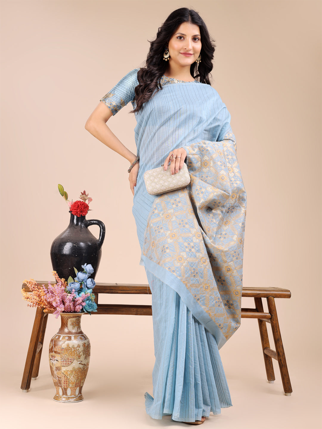 Astita Sky Blue Cotton Woven Zari Work Traditional Tassel Saree - Distacart