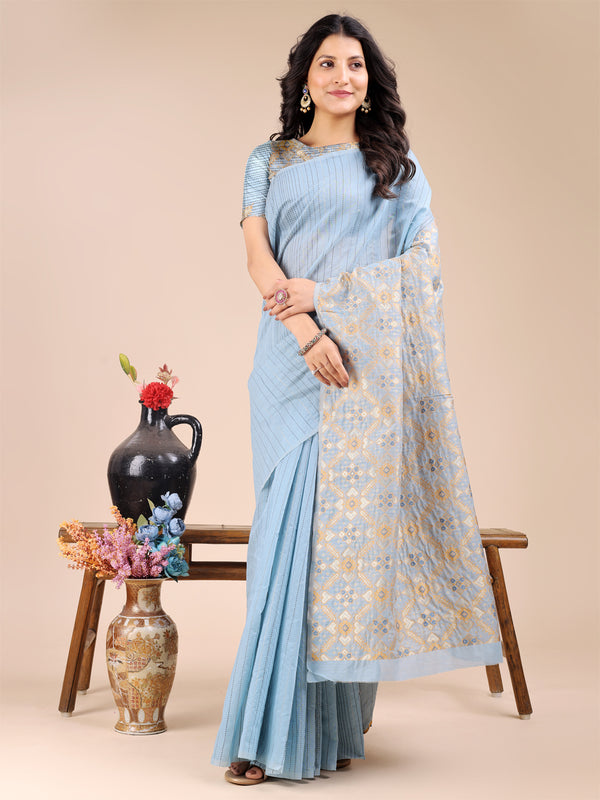 Astita Sky Blue Cotton Woven Zari Work Traditional Tassel Saree - Distacart