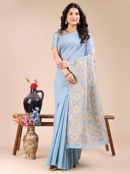 Astita Sky Blue Cotton Woven Zari Work Traditional Tassel Saree - Distacart