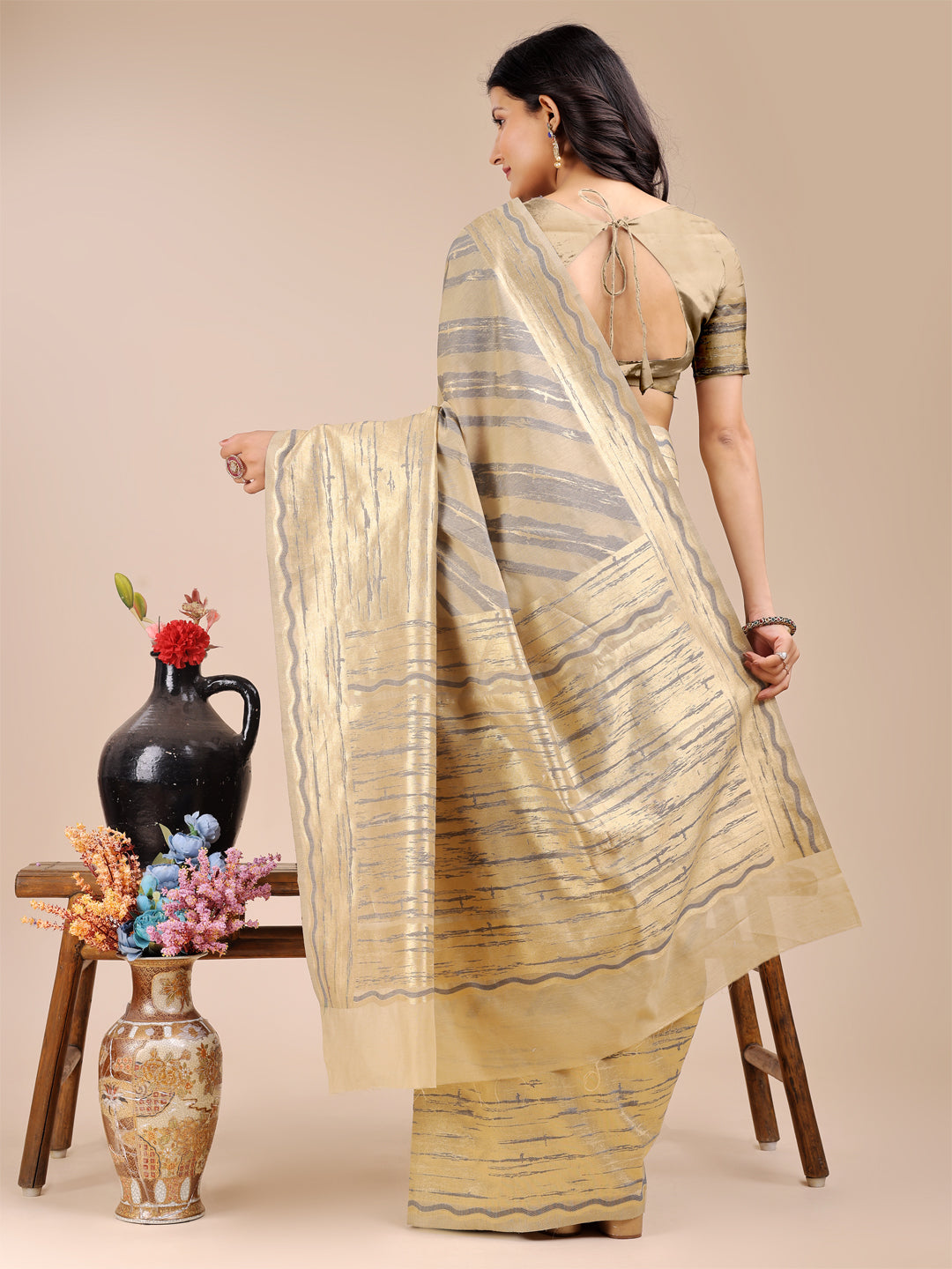 Astita Cream Cotton Woven Zari Work Traditional Tassel Saree - Distacart