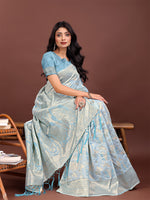 Thumbnail for Astita Elegant Sky Blue Cotton Saree with Golden Zari Work - Graceful Comfort for Everyday & Festive Wear - Distacart