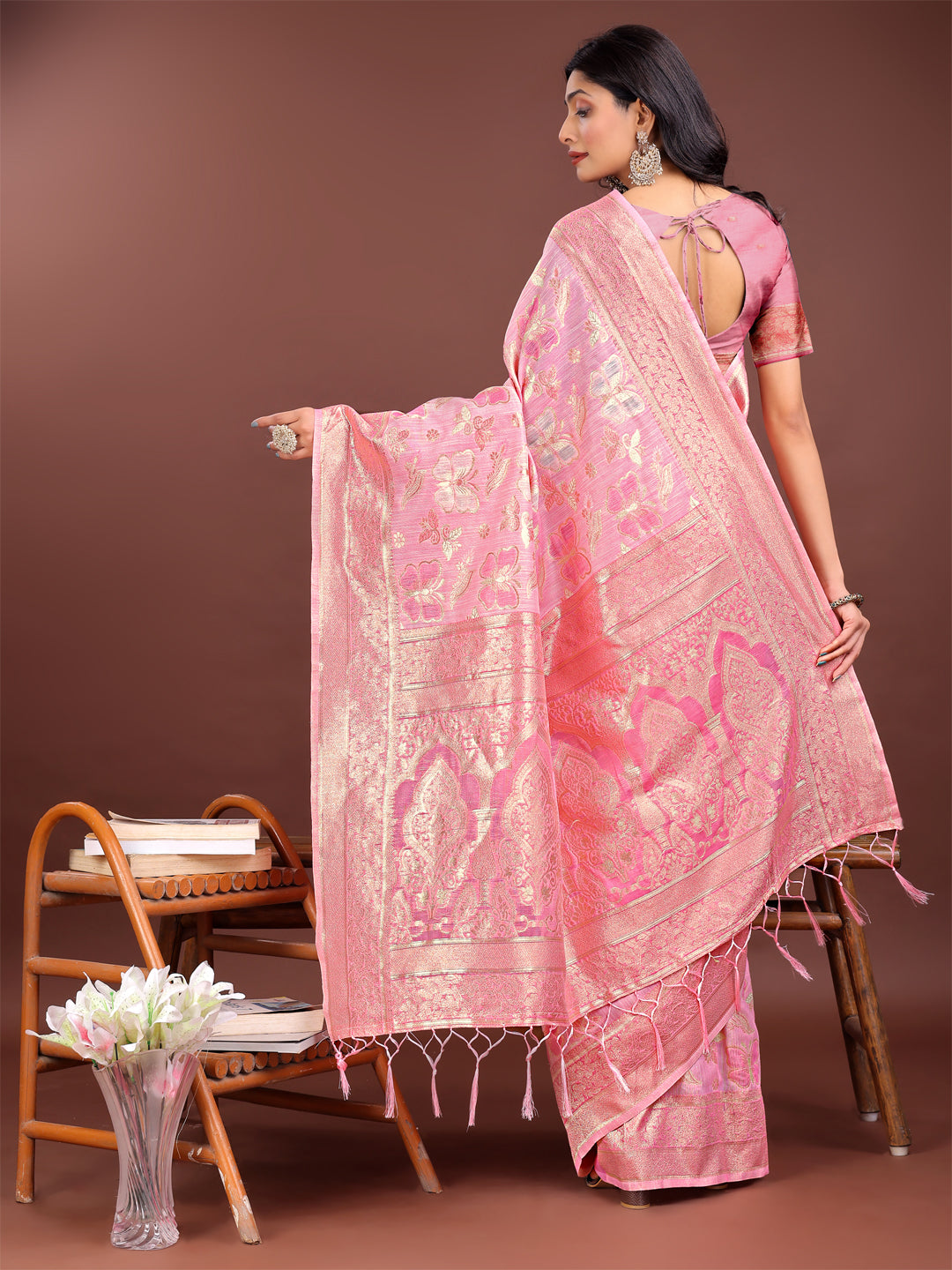 Astita Elegant Pink Cotton Saree with Golden Zari Work - Graceful Comfort for Everyday & Festive Wear - Distacart