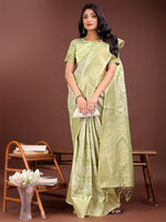 Thumbnail for Astita Elegant Light Green Cotton Saree with Golden Zari Work - Graceful Comfort for Everyday & Festive Wear - Distacart