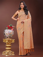 Thumbnail for Astita Elegant Orange Linen Cotton Saree with Floral Weave & Soft Gold Pallu - Graceful Choice for Casual,Office & Festive Looks - Distacart