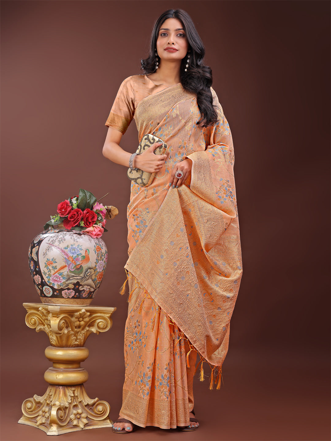 Astita Elegant Orange Linen Cotton Saree with Floral Weave & Soft Gold Pallu - Graceful Choice for Casual,Office & Festive Looks - Distacart