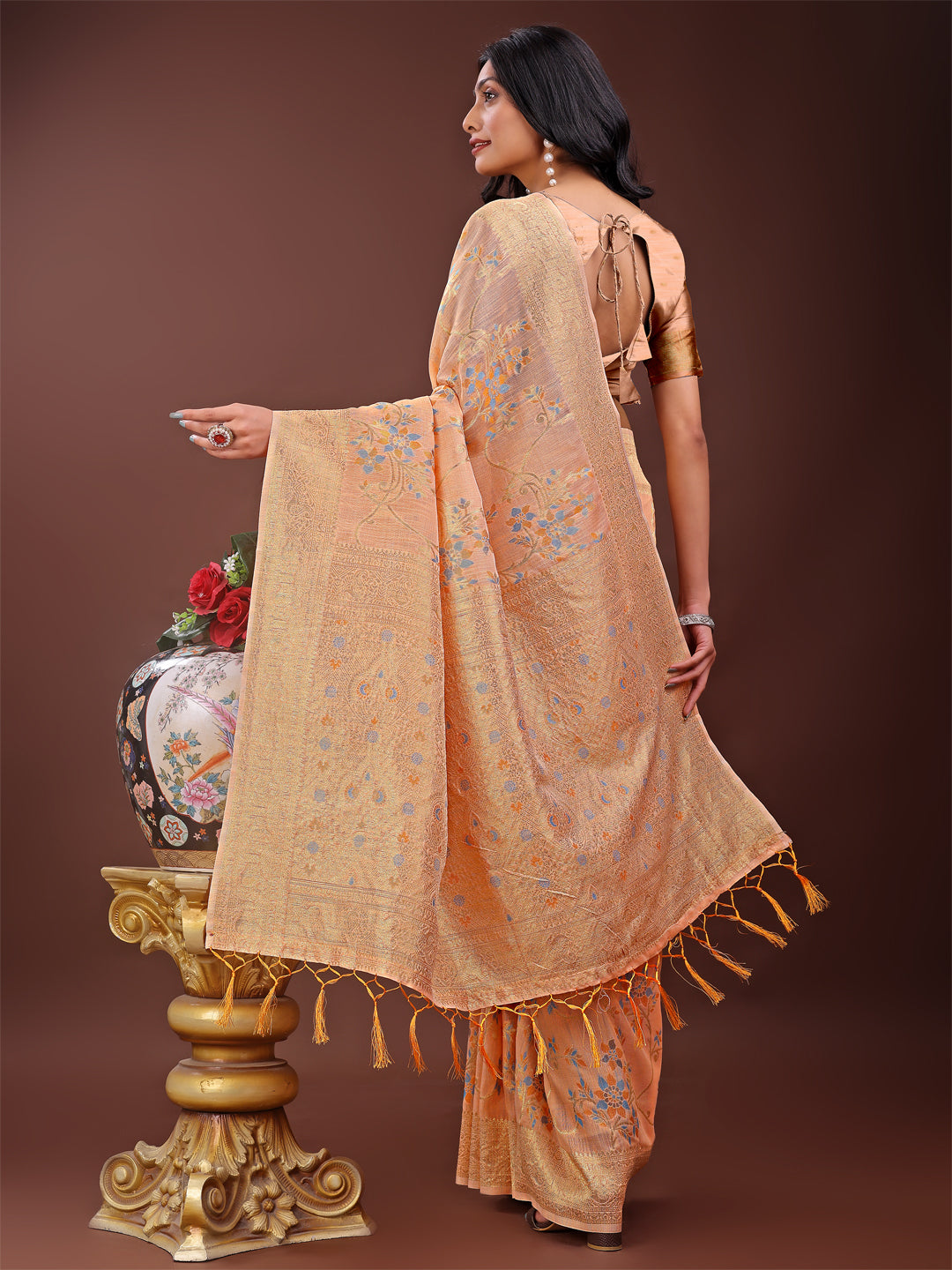 Astita Elegant Orange Linen Cotton Saree with Floral Weave & Soft Gold Pallu - Graceful Choice for Casual,Office & Festive Looks - Distacart