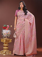 Thumbnail for Astita Elegant Light Pink Linen Cotton Saree with Floral Weave & Soft Gold Pallu - Graceful Choice for Casual,Office & Festive Looks - Distacart