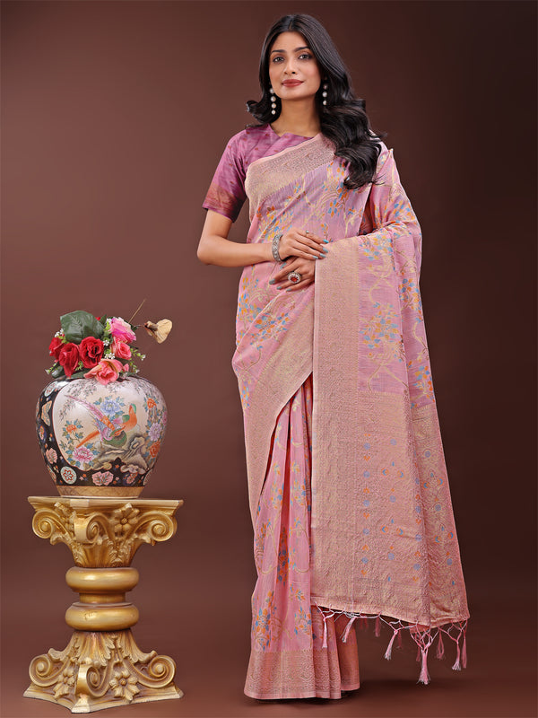 Astita Elegant Light Pink Linen Cotton Saree with Floral Weave & Soft Gold Pallu - Graceful Choice for Casual,Office & Festive Looks - Distacart