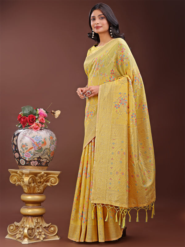 Astita Elegant Yellow Linen Cotton Saree with Floral Weave & Soft Gold Pallu - Graceful Choice for Casual,Office & Festive Looks - Distacart