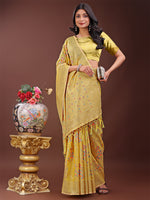 Thumbnail for Astita Elegant Yellow Linen Cotton Saree with Floral Weave & Soft Gold Pallu - Graceful Choice for Casual,Office & Festive Looks - Distacart