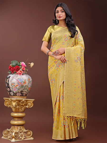 Astita Elegant Yellow Linen Cotton Saree with Floral Weave & Soft Gold Pallu - Graceful Choice for Casual,Office & Festive Looks - Distacart