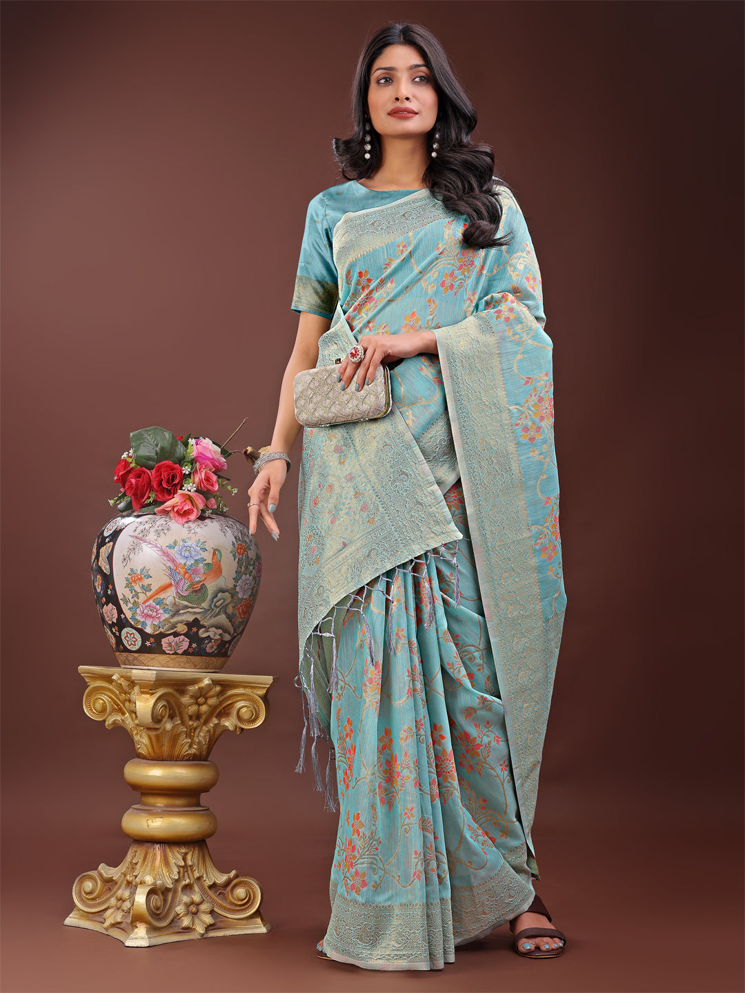 Astita Elegant Light Blue Linen Cotton Saree with Floral Weave & Soft Gold Pallu - Graceful Choice for Casual,Office & Festive Looks - Distacart
