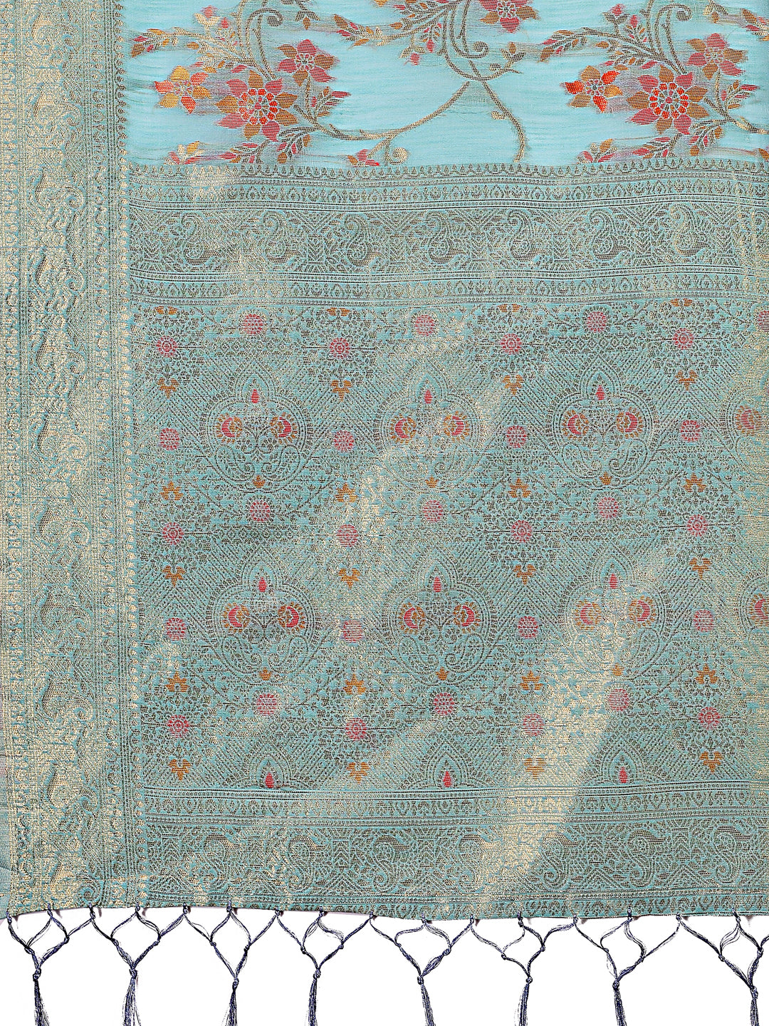 Astita Elegant Light Blue Linen Cotton Saree with Floral Weave & Soft Gold Pallu - Graceful Choice for Casual,Office & Festive Looks - Distacart