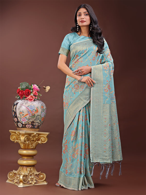 Astita Elegant Light Blue Linen Cotton Saree with Floral Weave & Soft Gold Pallu - Graceful Choice for Casual,Office & Festive Looks - Distacart