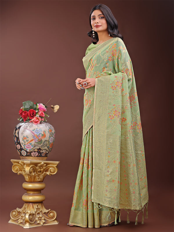 Astita Elegant Light Green Linen Cotton Saree with Floral Weave & Soft Gold Pallu - Graceful Choice for Casual,Office & Festive Looks - Distacart