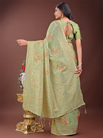 Thumbnail for Astita Elegant Light Green Linen Cotton Saree with Floral Weave & Soft Gold Pallu - Graceful Choice for Casual,Office & Festive Looks - Distacart