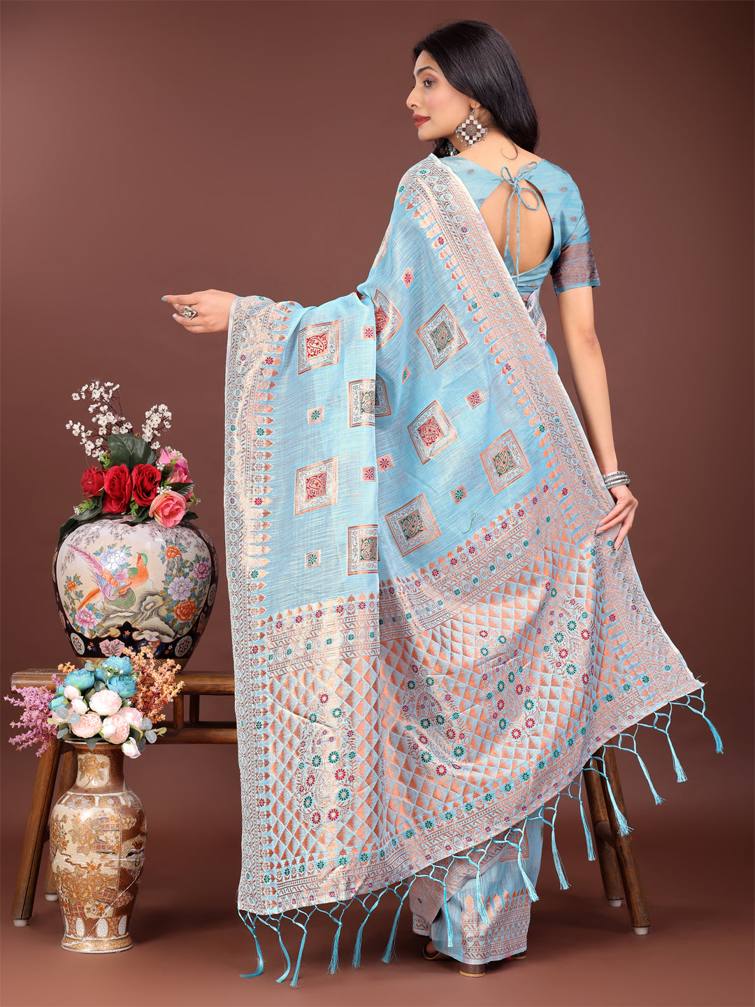 Astita Elegant Sky Blue Linen Saree with Intricate Woven Patterns - Lightweight Grace for Everyday and Festive Moments - Distacart