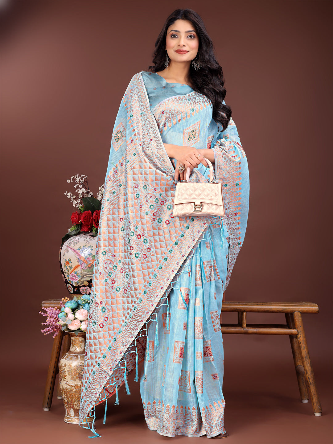 Astita Elegant Sky Blue Linen Saree with Intricate Woven Patterns - Lightweight Grace for Everyday and Festive Moments - Distacart