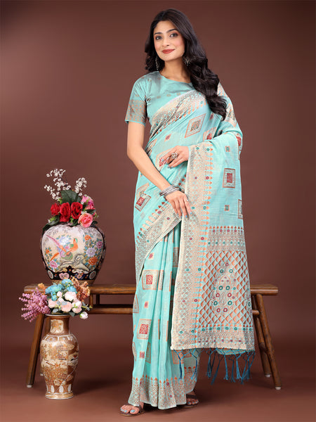 Astita Elegant Sea Green Linen Saree with Intricate Woven Patterns - Lightweight Grace for Everyday and Festive Moments - Distacart