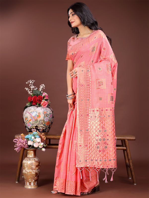 Astita Elegant Peach Linen Saree with Intricate Woven Patterns - Lightweight Grace for Everyday and Festive Moments - Distacart