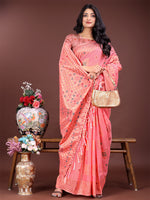 Thumbnail for Astita Elegant Peach Linen Saree with Intricate Woven Patterns - Lightweight Grace for Everyday and Festive Moments - Distacart
