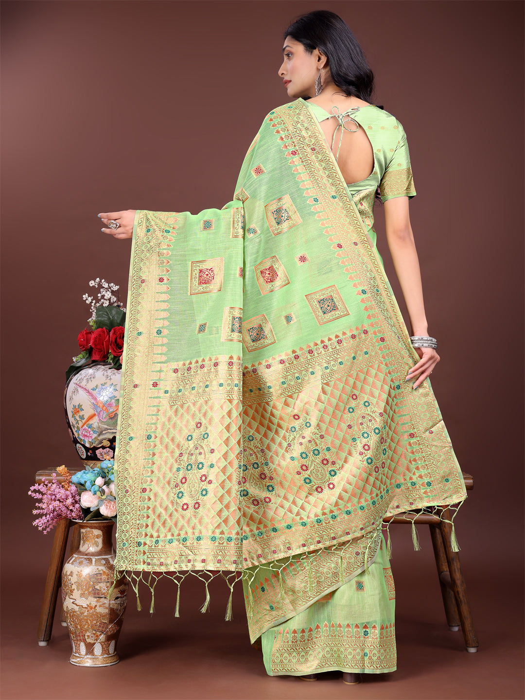 Astita Elegant Light Green Linen Saree with Intricate Woven Patterns - Lightweight Grace for Everyday and Festive Moments - Distacart