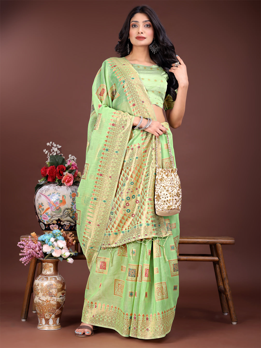 Astita Elegant Light Green Linen Saree with Intricate Woven Patterns - Lightweight Grace for Everyday and Festive Moments - Distacart