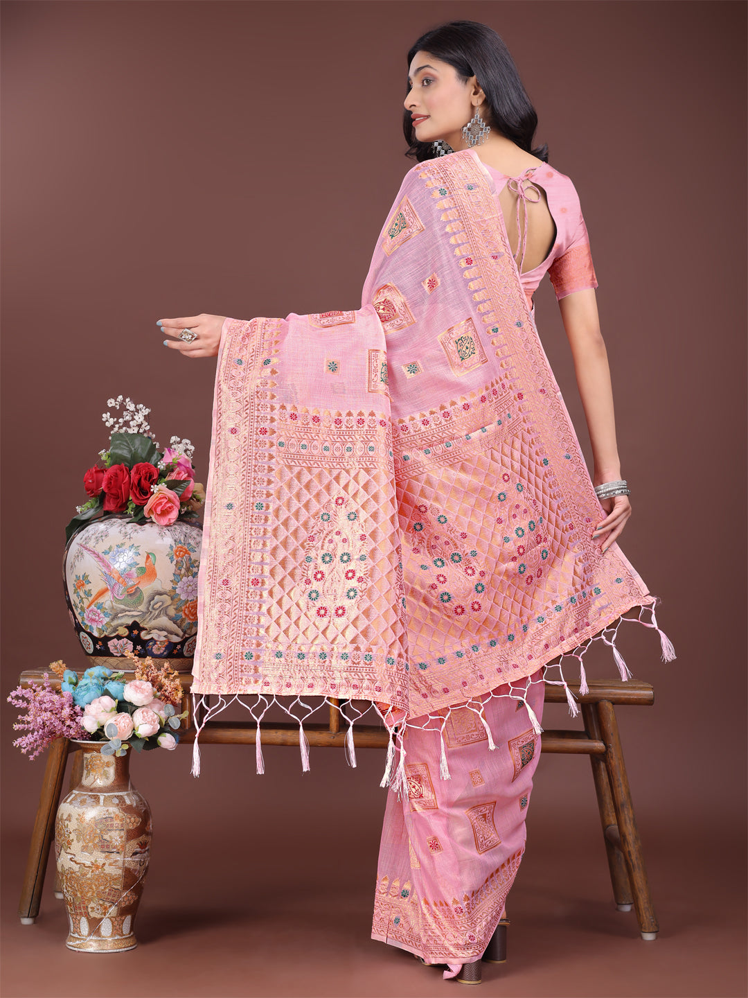 Astita Elegant Light Pink Linen Saree with Intricate Woven Patterns - Lightweight Grace for Everyday and Festive Moments - Distacart