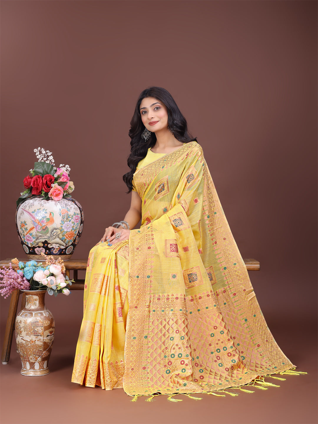 Astita Elegant Yellow Linen Saree with Intricate Woven Patterns - Lightweight Grace for Everyday and Festive Moments - Distacart