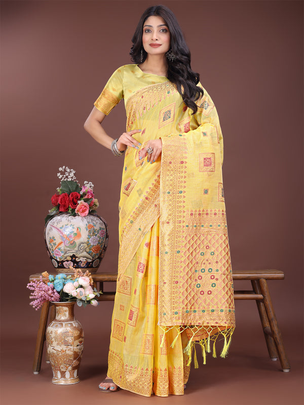 Astita Elegant Yellow Linen Saree with Intricate Woven Patterns - Lightweight Grace for Everyday and Festive Moments - Distacart