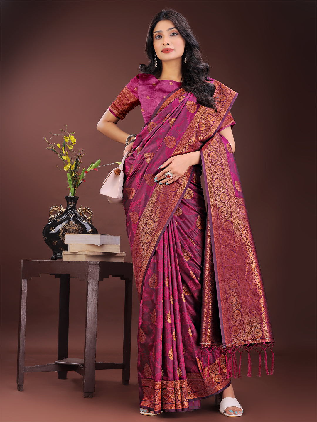 Astita Majestic Purple Banarasi Silk Saree with Golden Zari - Timeless Indian Ethnic Elegance for Weddings & Festive Occasions - Distacart