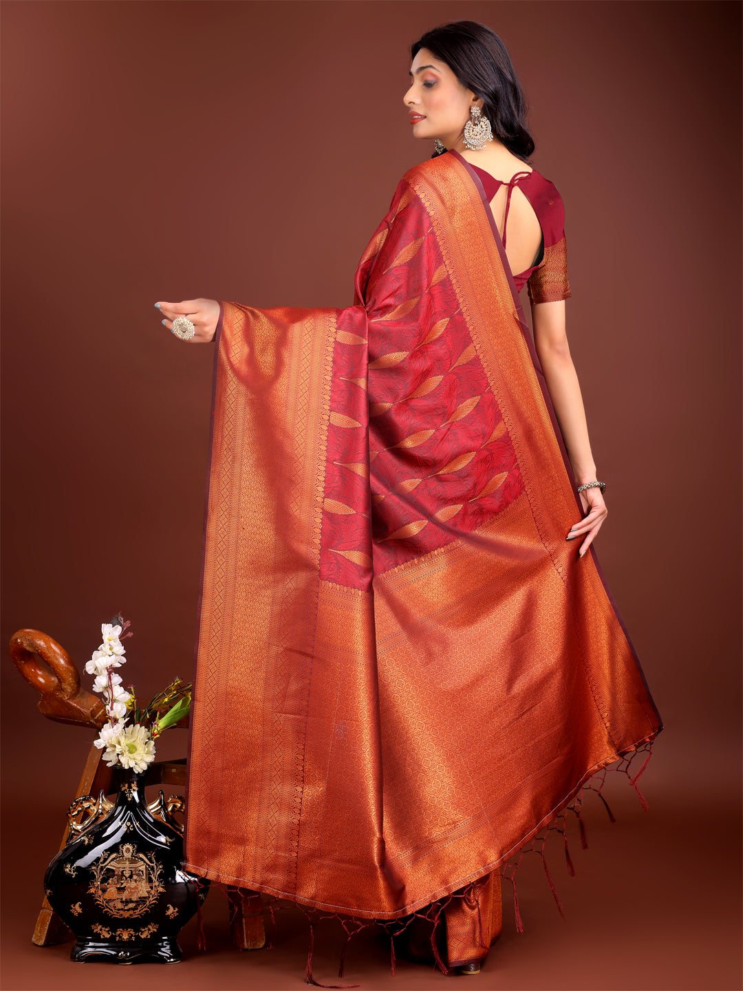 Astita Maroon Linen Cotton Saree with Golden Zari Leaf Woven Design & Rich Pallu - Festive Wear | Office Look | Soft Drape - Distacart