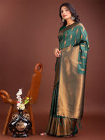 Thumbnail for Astita Green Linen Cotton Saree with Golden Zari Leaf Woven Design & Rich Pallu - Festive Wear | Office Look | Soft Drape - Distacart