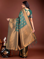 Thumbnail for Astita Green Linen Cotton Saree with Golden Zari Leaf Woven Design & Rich Pallu - Festive Wear | Office Look | Soft Drape - Distacart