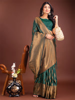 Thumbnail for Astita Green Linen Cotton Saree with Golden Zari Leaf Woven Design & Rich Pallu - Festive Wear | Office Look | Soft Drape - Distacart