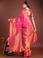 Thumbnail for Astita Magenta Linen Cotton Saree with Golden Zari Leaf Woven Design & Rich Pallu - Festive Wear | Office Look | Soft Drape - Distacart