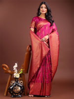 Thumbnail for Astita Magenta Linen Cotton Saree with Golden Zari Leaf Woven Design & Rich Pallu - Festive Wear | Office Look | Soft Drape - Distacart
