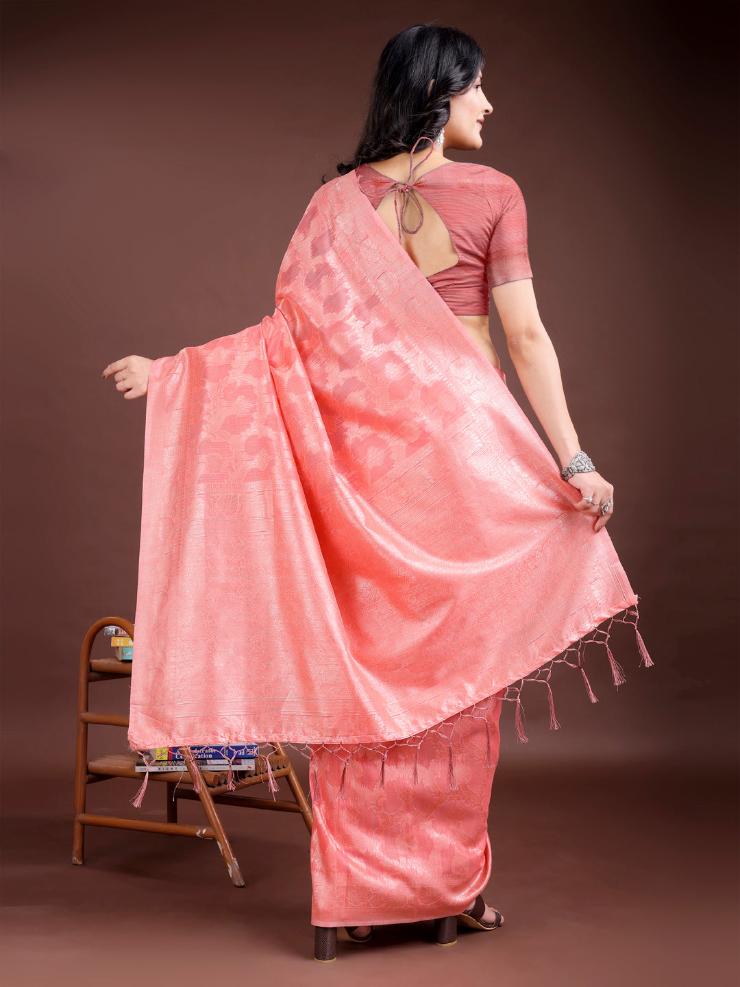 Astita Peach Linen Cotton Woven Zari Work Traditional Tassel Saree - Distacart