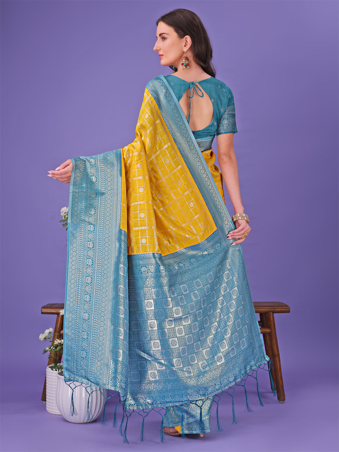 Astita Vibrant Yellow & Blue Lichi Silk Saree with Rich Woven Border and Contrast Blouse - Festive & Wedding Wear - Distacart