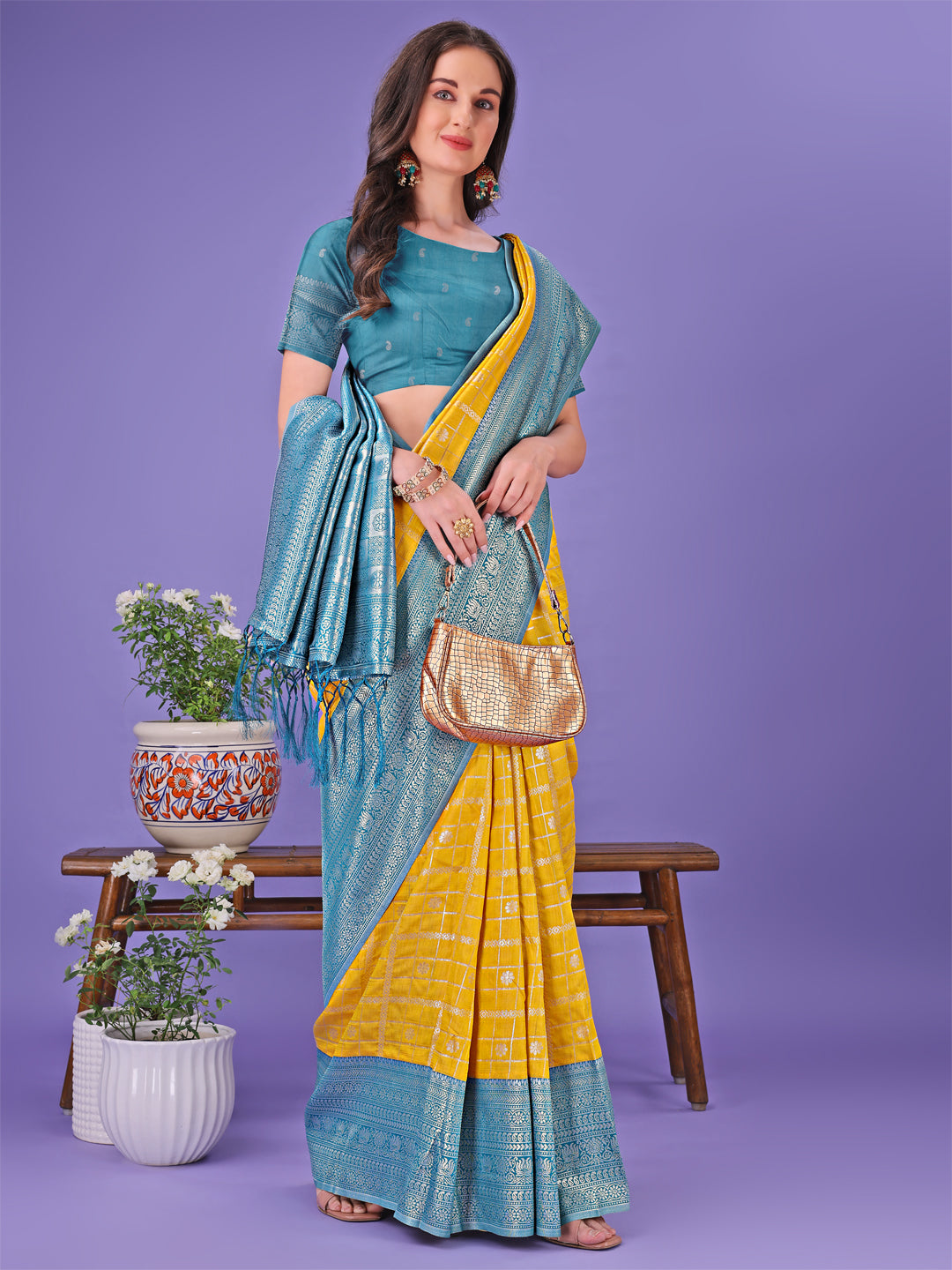 Astita Vibrant Yellow & Blue Lichi Silk Saree with Rich Woven Border and Contrast Blouse - Festive & Wedding Wear - Distacart