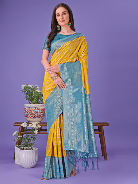Astita Vibrant Yellow & Blue Lichi Silk Saree with Rich Woven Border and Contrast Blouse - Festive & Wedding Wear - Distacart