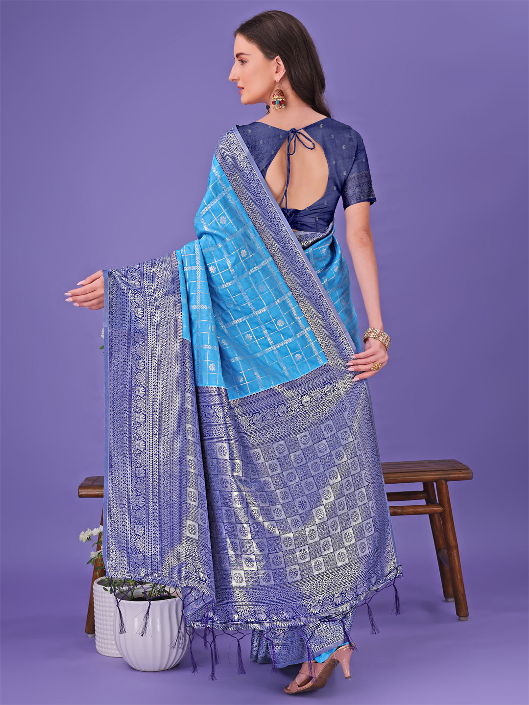 Astita Vibrant Sky Blue & Blue Lichi Silk Saree with Rich Woven Border and Contrast Blouse - Festive & Wedding Wear - Distacart