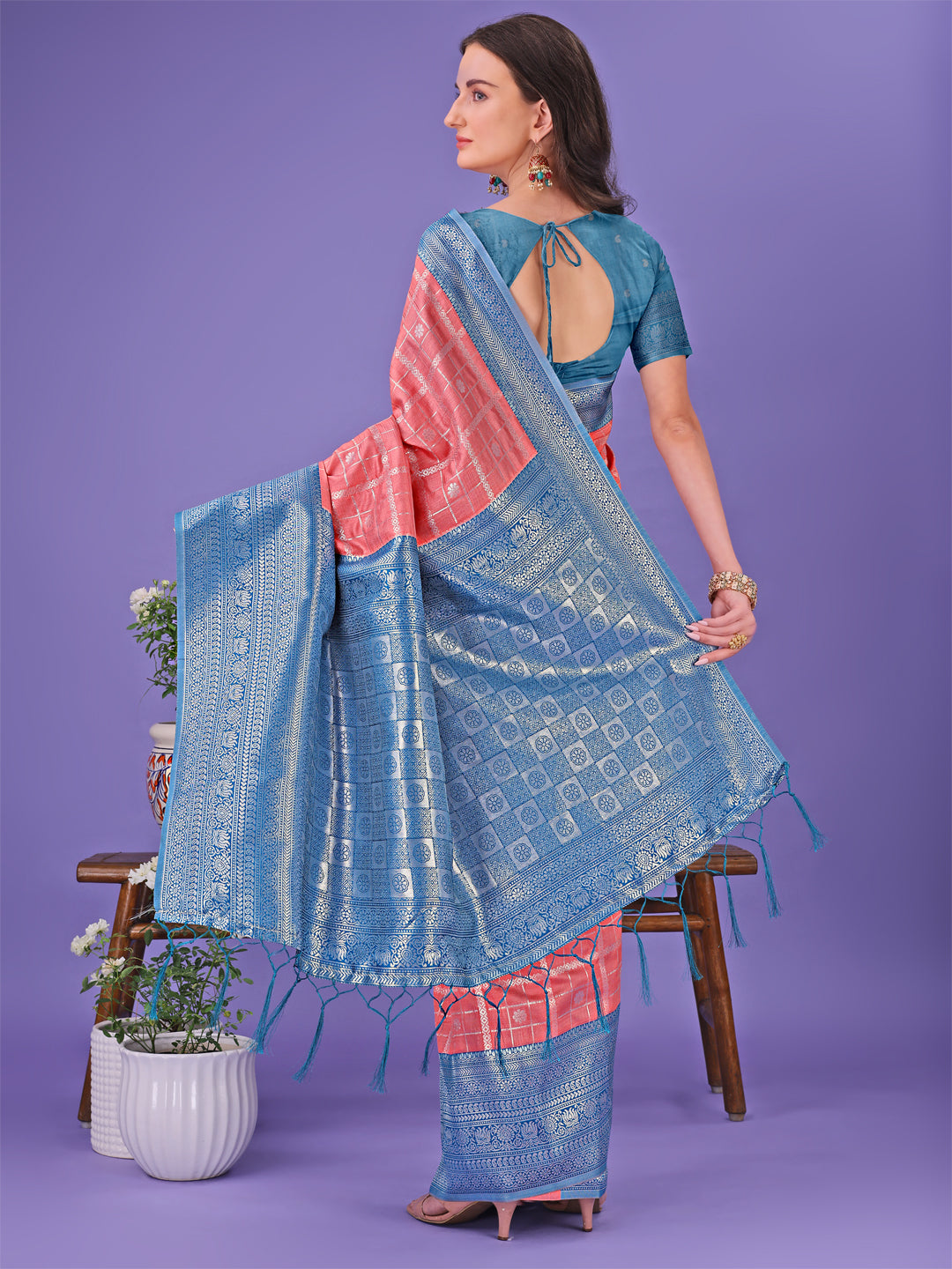 Astita Vibrant Peach & Teal Lichi Silk Saree with Rich Woven Border and Contrast Blouse - Festive & Wedding Wear - Distacart