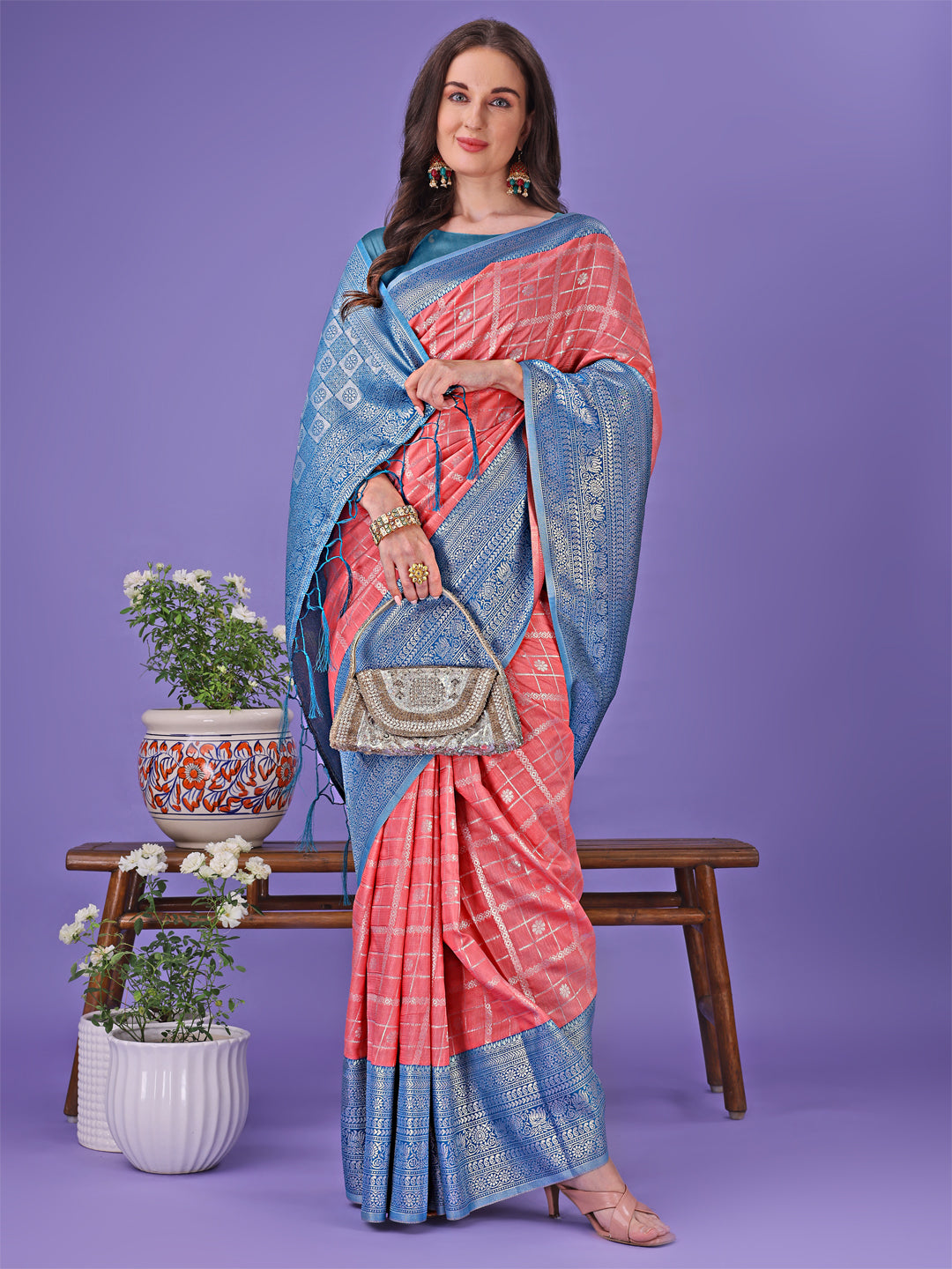 Astita Vibrant Peach & Teal Lichi Silk Saree with Rich Woven Border and Contrast Blouse - Festive & Wedding Wear - Distacart