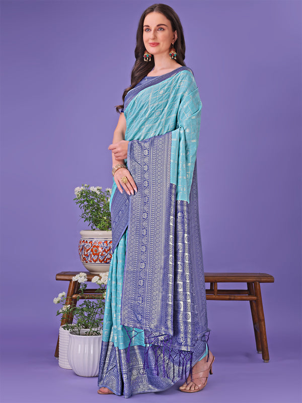 Astita Vibrant Sea Green & Blue Lichi Silk Saree with Rich Woven Border and Contrast Blouse - Festive & Wedding Wear - Distacart