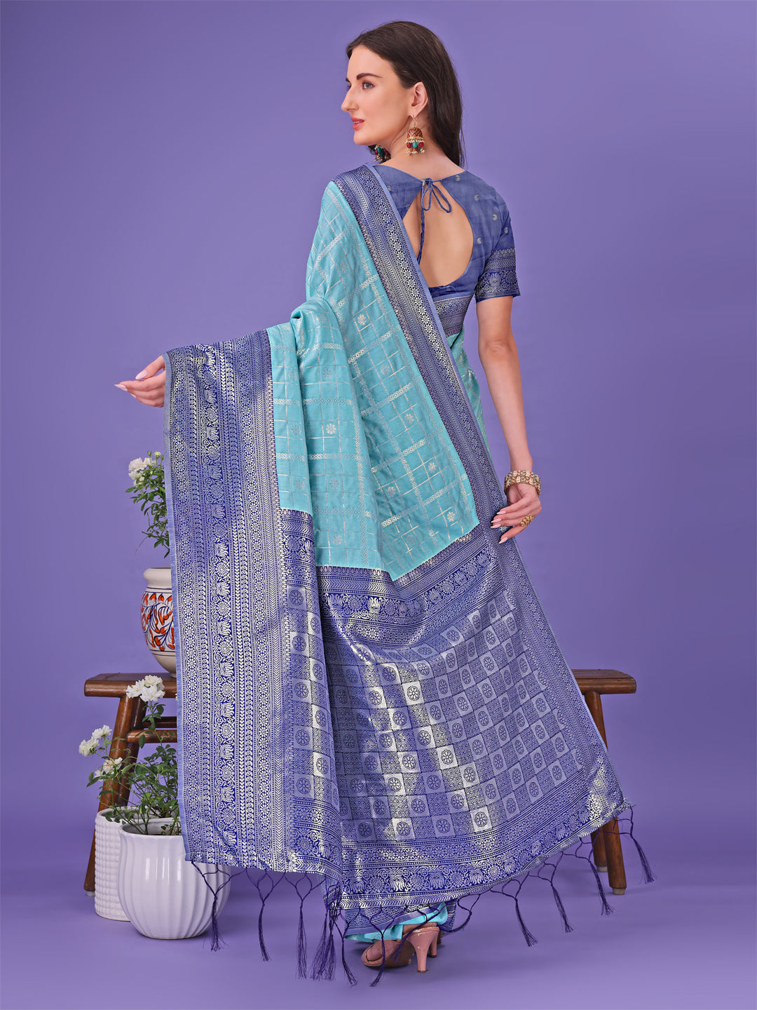Astita Vibrant Sea Green & Blue Lichi Silk Saree with Rich Woven Border and Contrast Blouse - Festive & Wedding Wear - Distacart