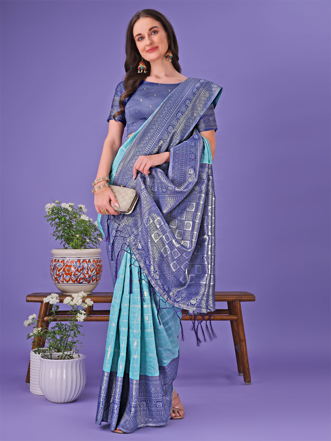 Astita Vibrant Sea Green & Blue Lichi Silk Saree with Rich Woven Border and Contrast Blouse - Festive & Wedding Wear - Distacart