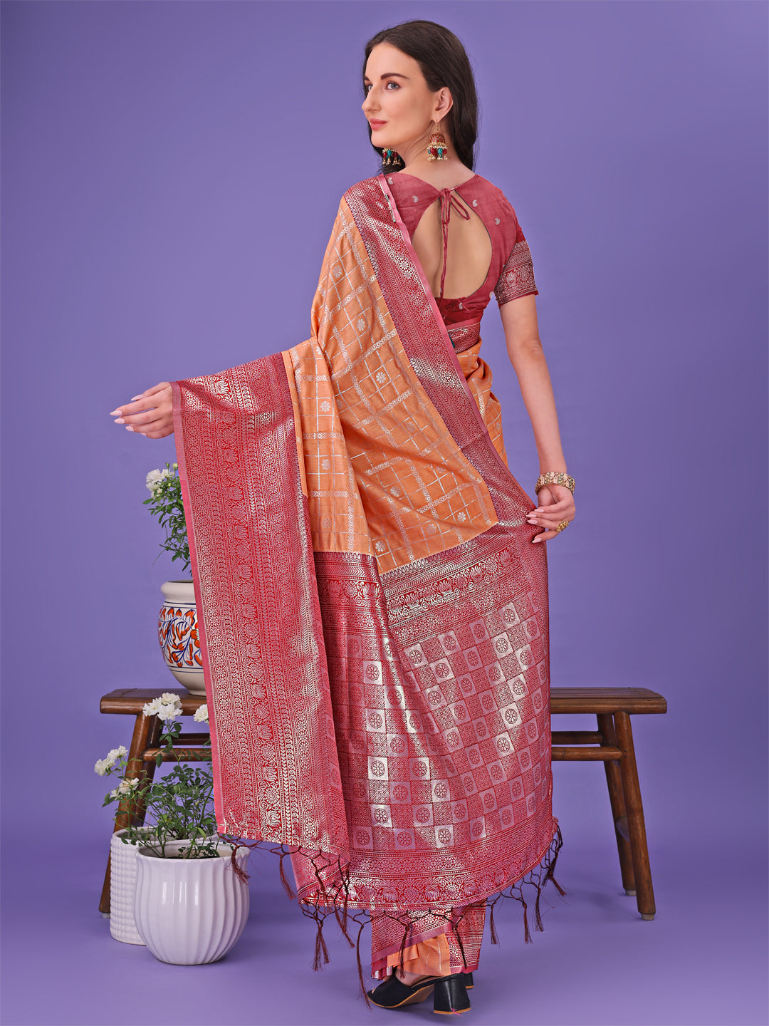Astita Vibrant Orange & Red Lichi Silk Saree with Rich Woven Border and Contrast Blouse - Festive & Wedding Wear - Distacart