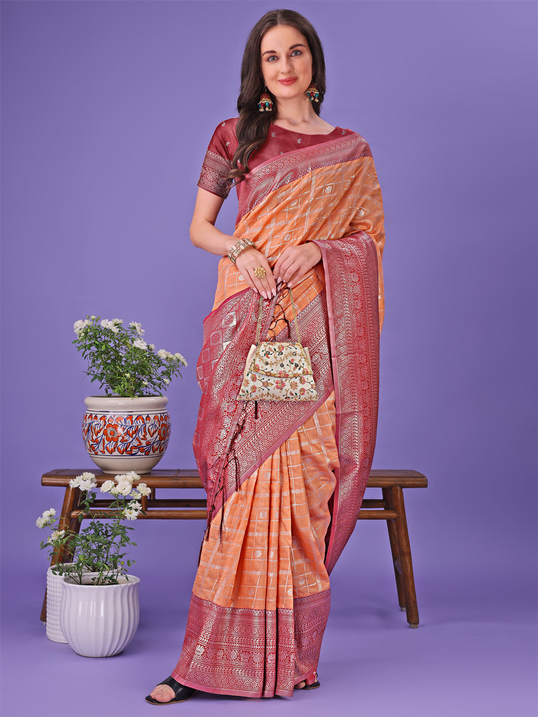 Astita Vibrant Orange & Red Lichi Silk Saree with Rich Woven Border and Contrast Blouse - Festive & Wedding Wear - Distacart